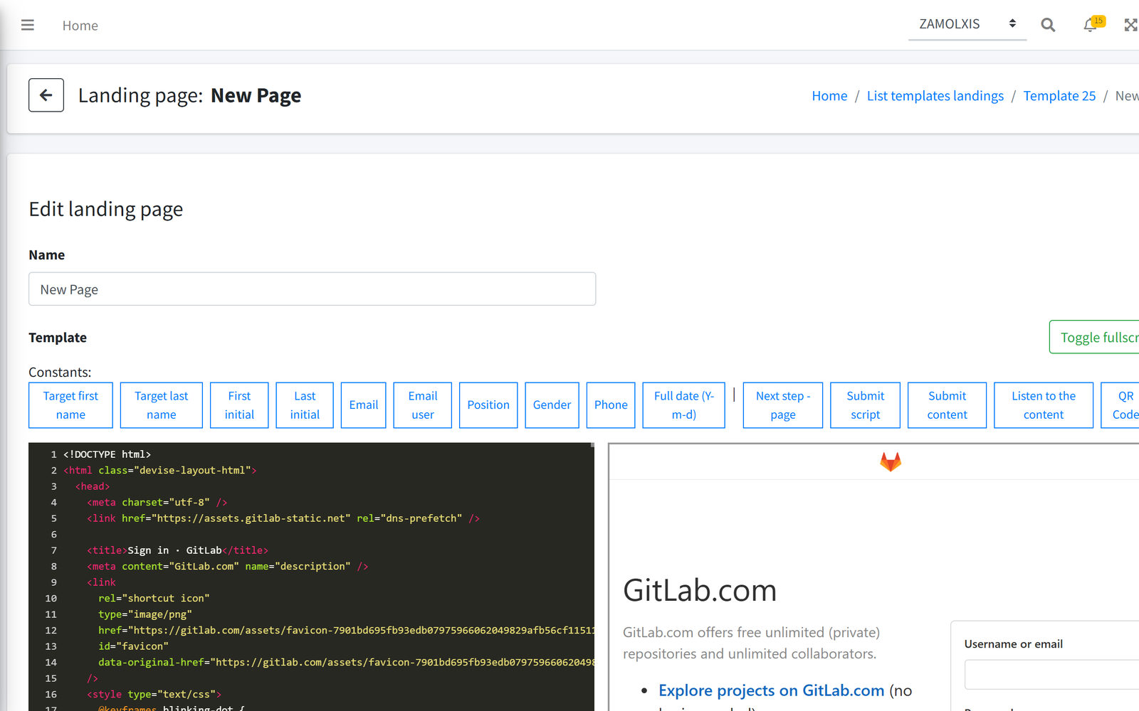 Landing page editor with placeholders, step triggers and live preview