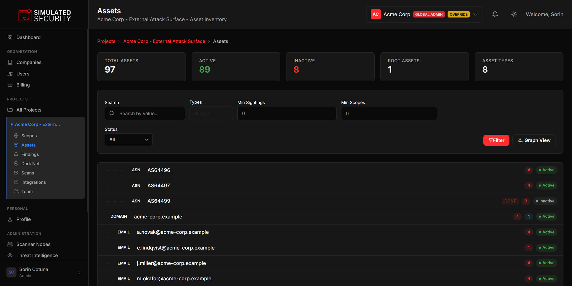 Asset inventory with counters, filters and a list of assets