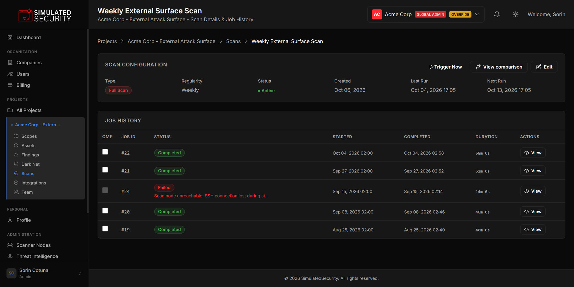 Scan configuration and job history