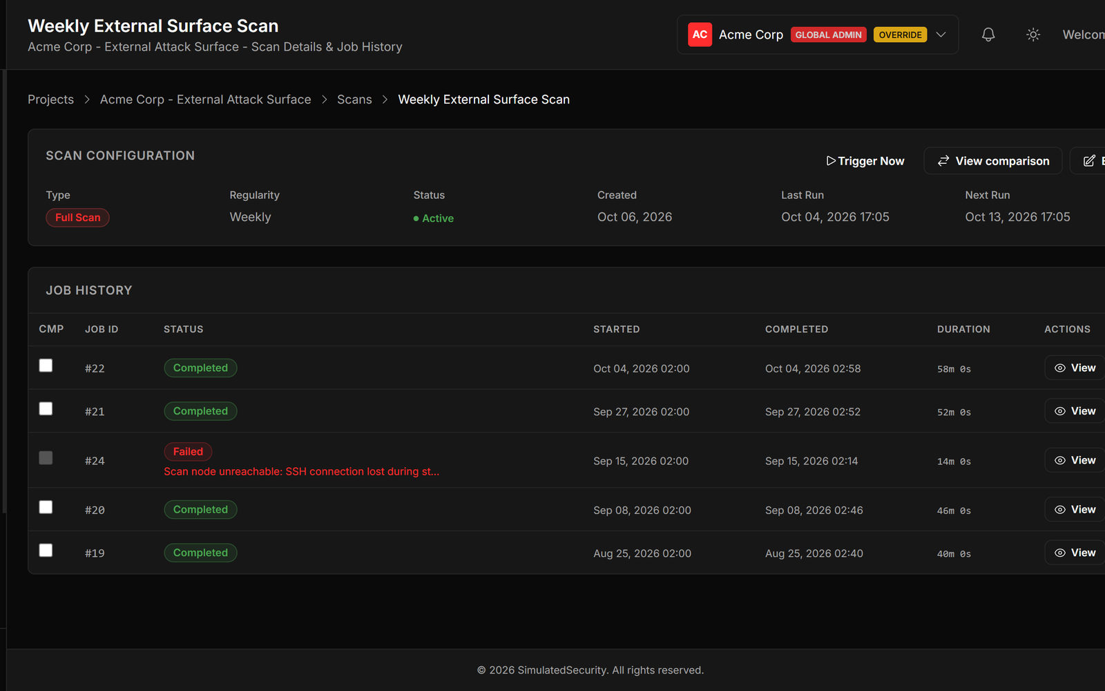 Weekly external surface scan with configuration and job history