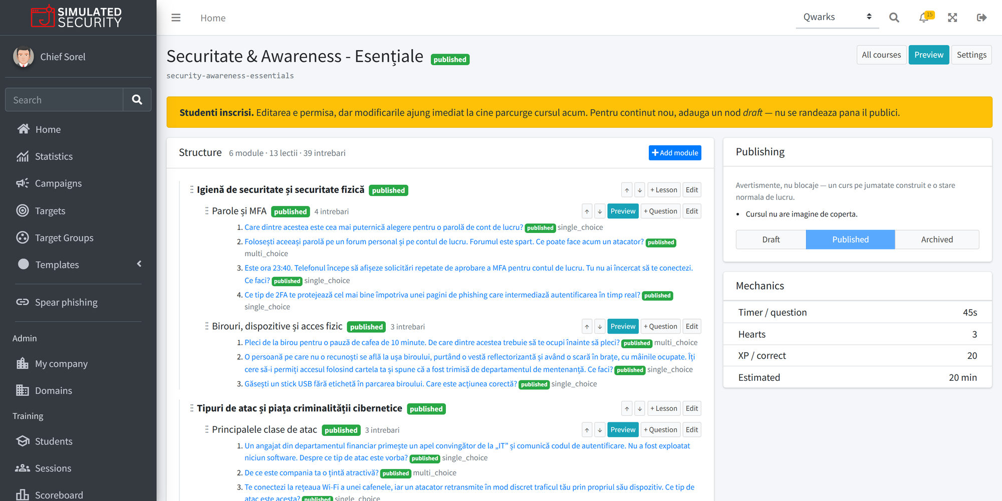 Admin course builder with modules, lessons, questions and course mechanics