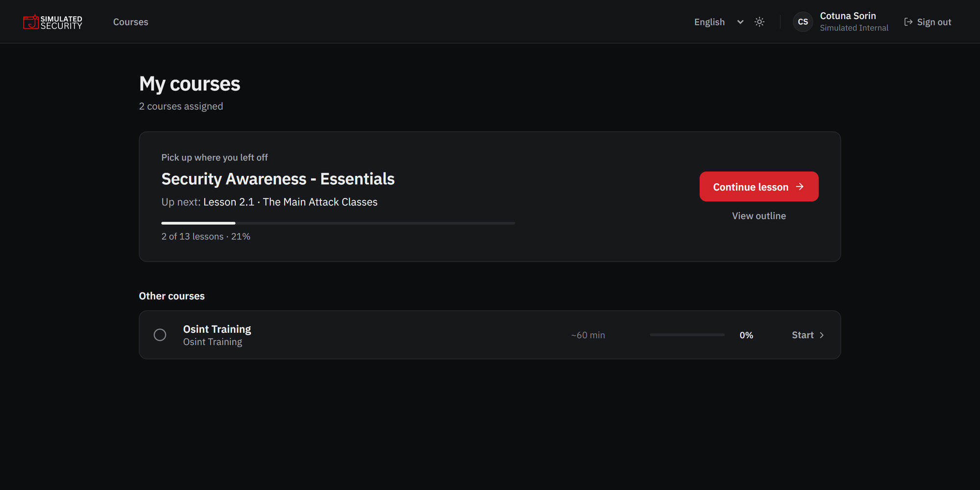 Learner app: assigned courses with progress and a continue button