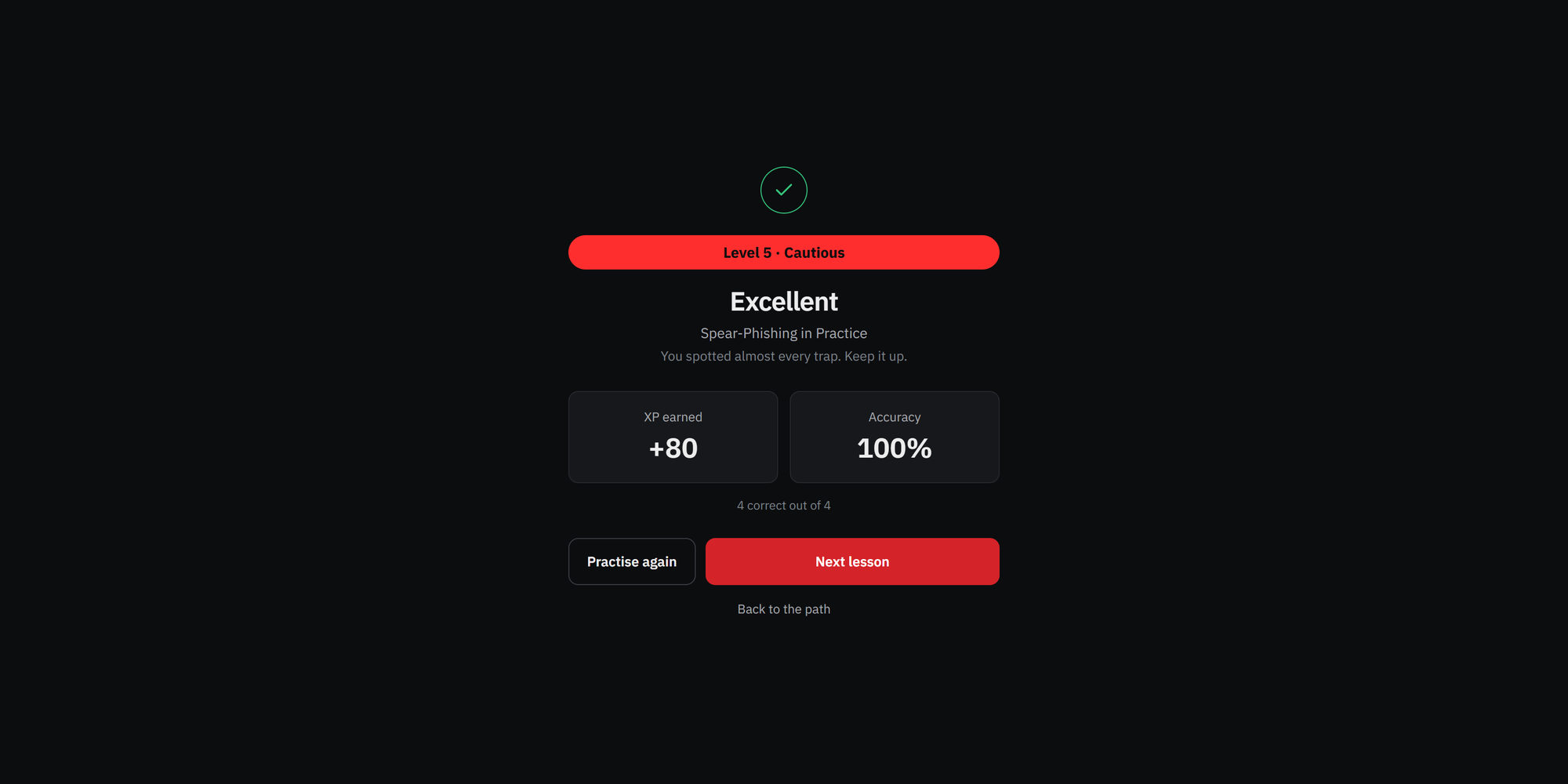 Lesson result: Excellent, 80 XP earned, 100% accuracy