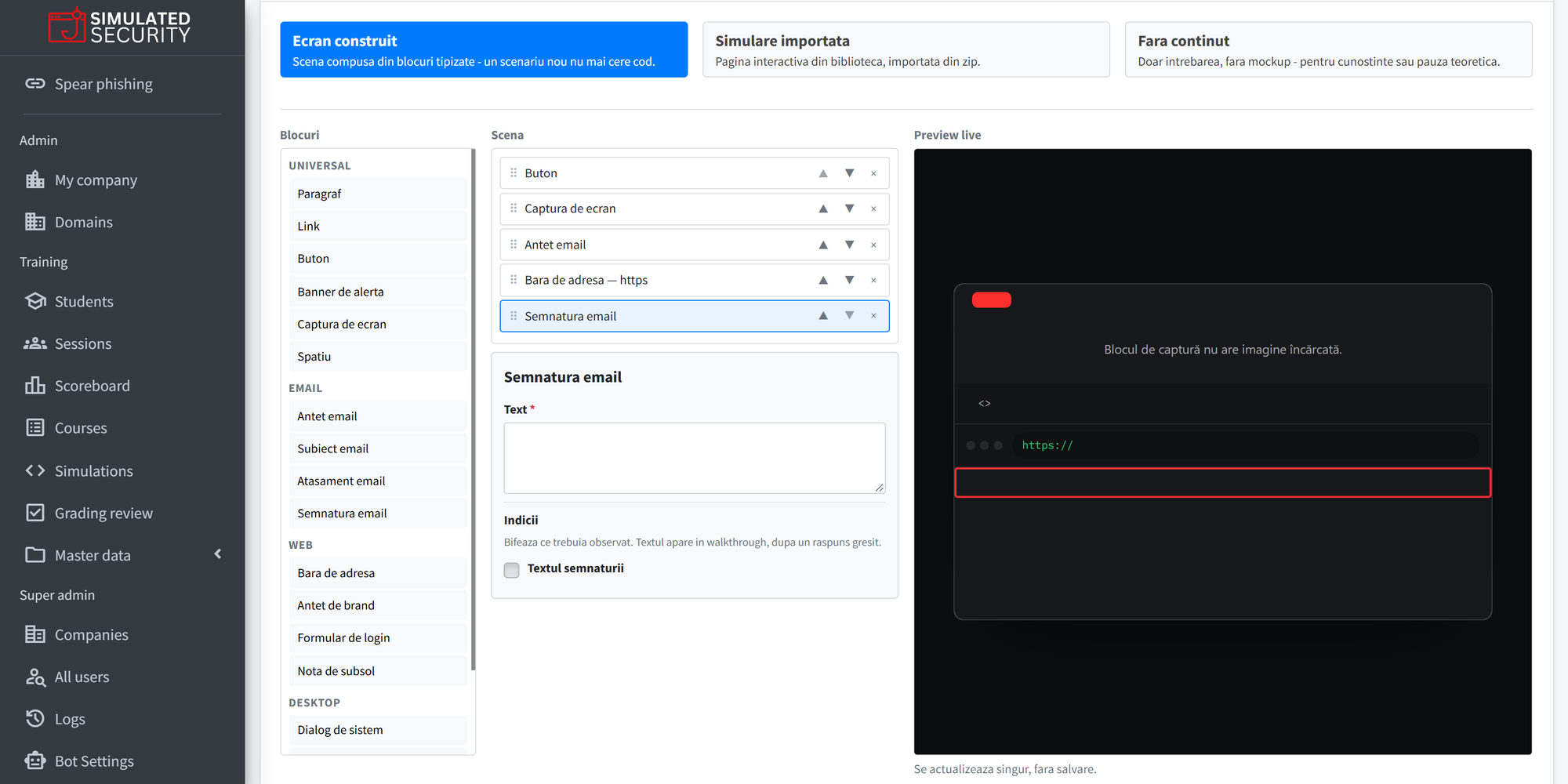 Question editor with a block-based scene builder and live preview