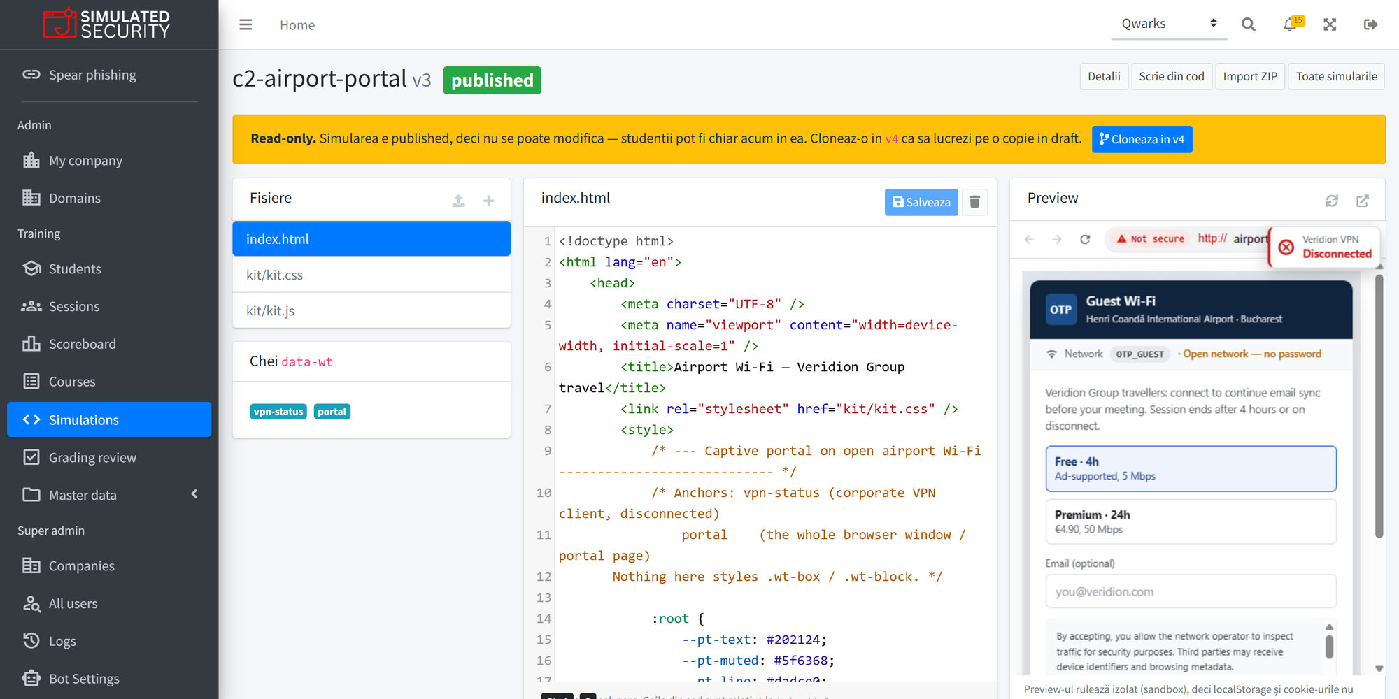 Simulation code editor with files, HTML source and a live preview