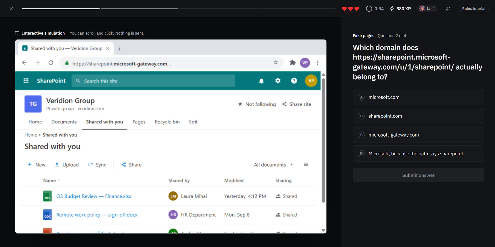 Lesson with an interactive shared-document simulation next to the question