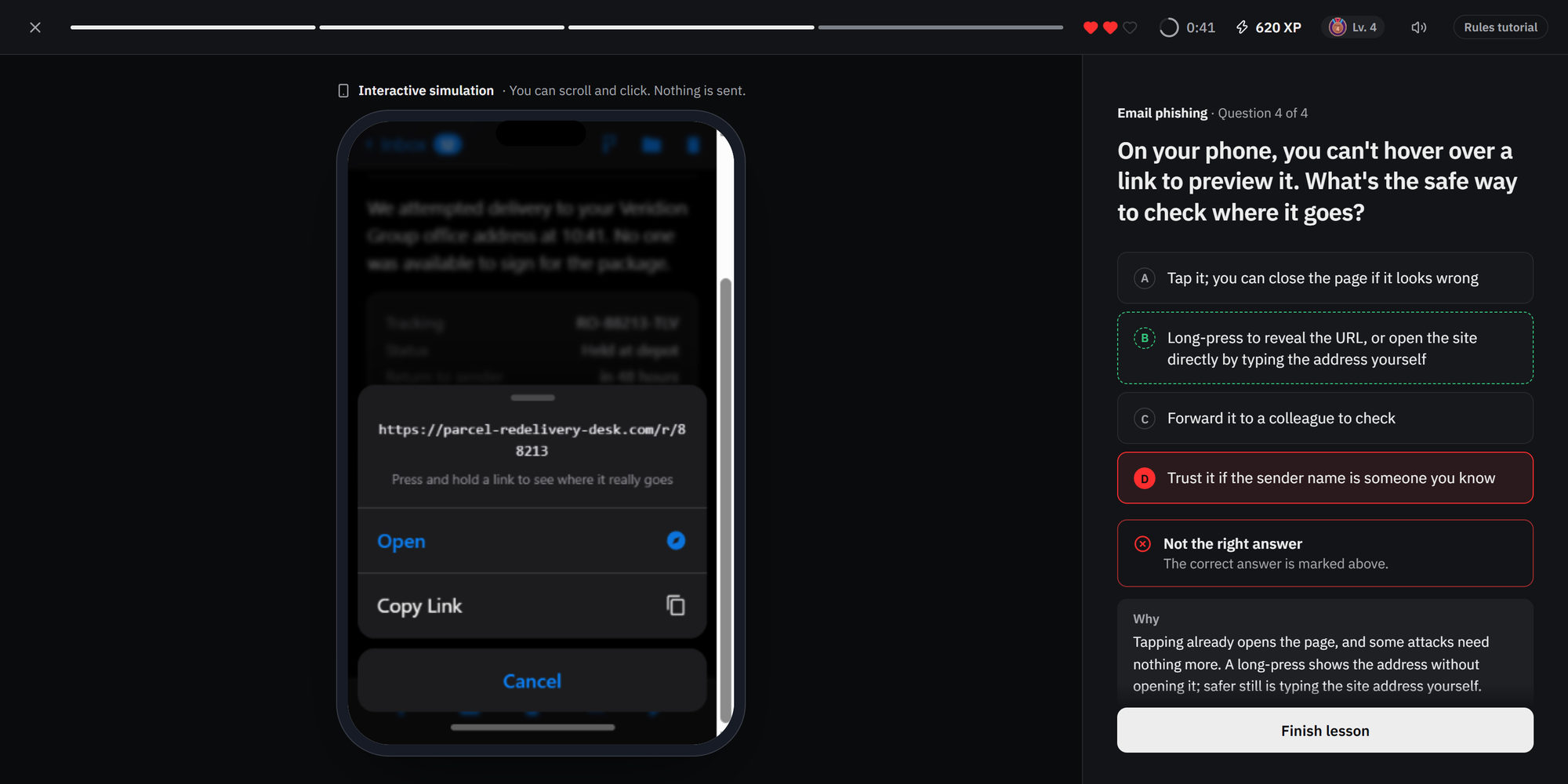 Phone simulation with a wrong answer, the correct option marked and an explanation