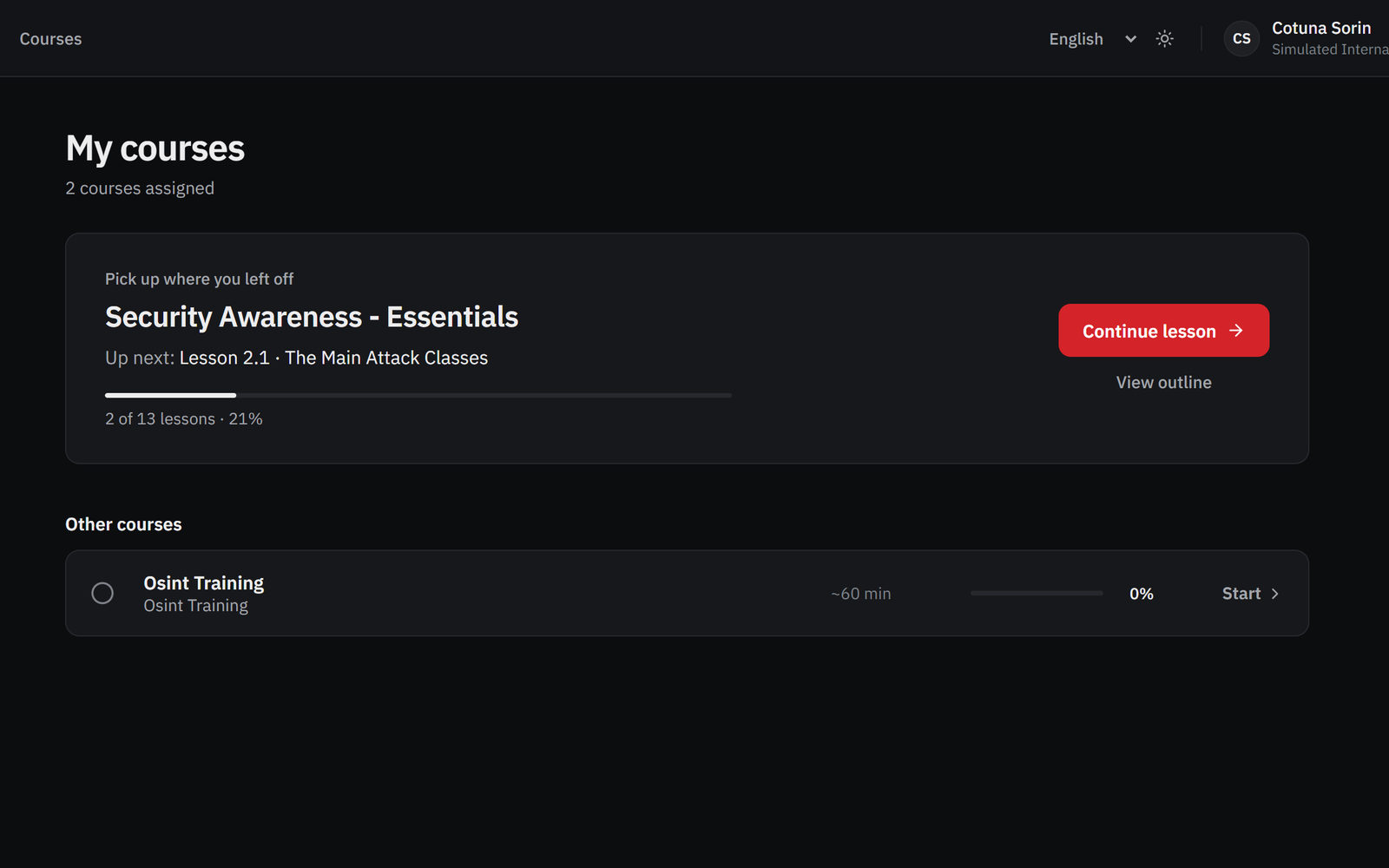 Learner portal: the assigned course with progress and a continue button