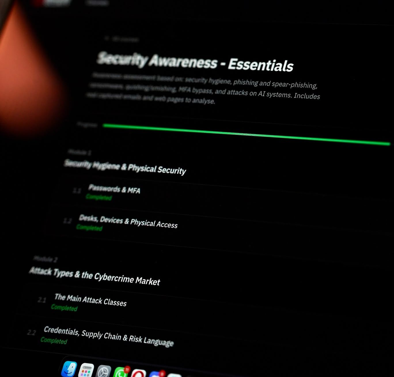 Security Awareness Essentials course with completed modules